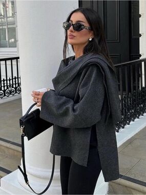 Zara Dark Gray Draped Wool Sweater